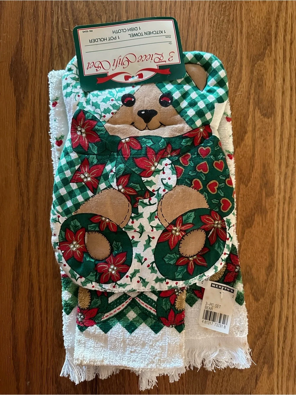 Holiday Bear Poinsettia 3-Piece Vintage Kitchen Set 1990s